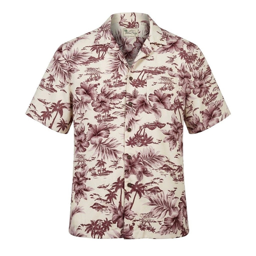Milano Bay Mens Hawaiian Shirt Med Burgundy Cream Tropical Palm Hibiscus Aloha